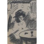 Study of a lady seated at a cafe table, charcoal drawing, stamped monogram, 9½" x 6½"