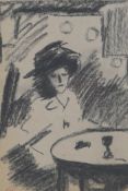 Study of a lady seated at a cafe table, charcoal drawing, stamped monogram, 9½" x 6½"