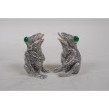 A pair of silver plated condiments in the form of frogs, 2" high