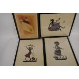 Three silhouette drawings of stylish ladies, 9" x 11½", and a French engraving, figure in a