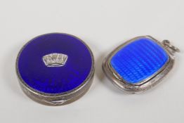 A George V silver compact with a blue enamel cover by John William Barrett, Birmingham, 1930, 29.