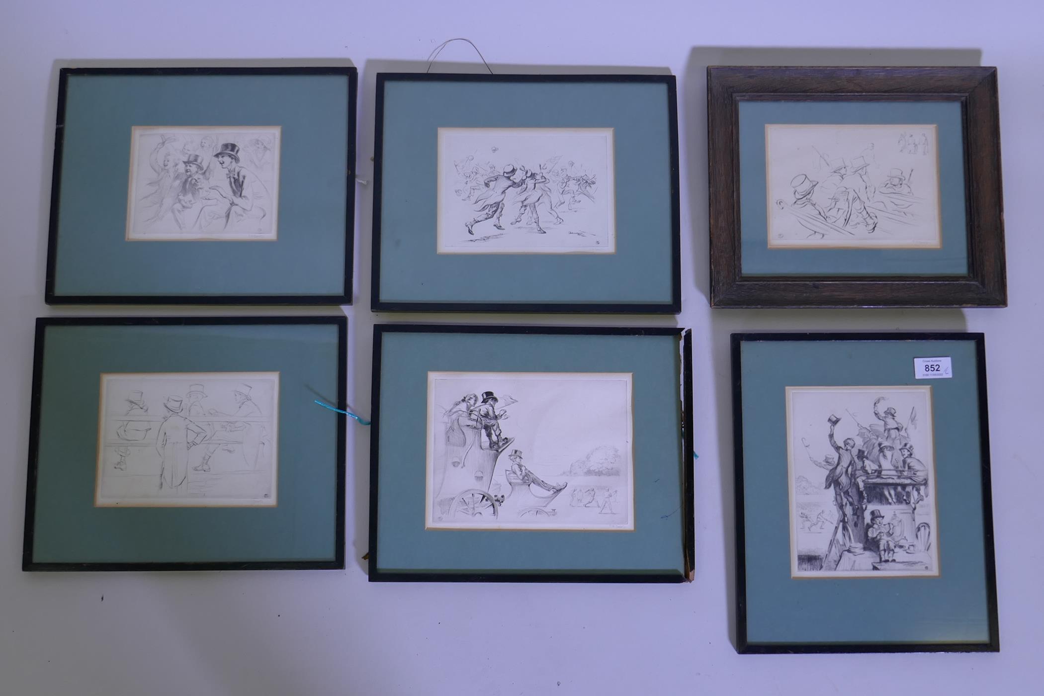 James Henry Dowd, six drypoint etchings, 'Good Old Days', 'All on the Game', 'Well Caught', 'The