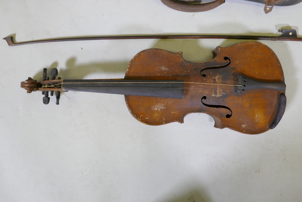 An antique violin in wood case, AF, and a bow, marked Dodd - Image 2 of 11