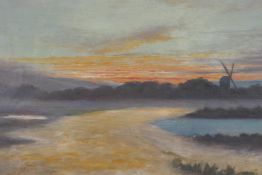 Dutch rural landscape at sunset, indistinctly signed and dated 1900, oil on canvas, 19" x 13"