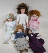 Five contemporary ceramic headed dolls including 1998 Ashton Drake Galleries model, 17" high