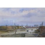 Industrial river scene at low tide, watercolour, 21" x 14"