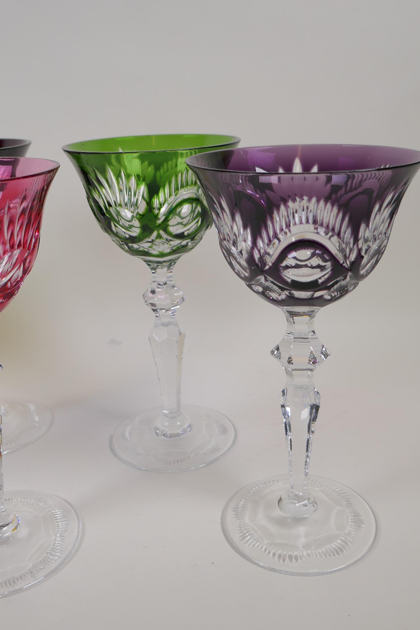 A harlequin set of six Bohemian long stem wine glasses, a/f two glasses rims chipped, 8" high - Image 3 of 4