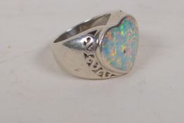 A silver and opalite heart shaped ring, size O