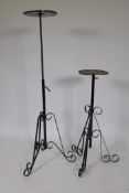 A near pair of vintage painted wrought metal adjustable stands, 28 -43 extended, 8½" diameter