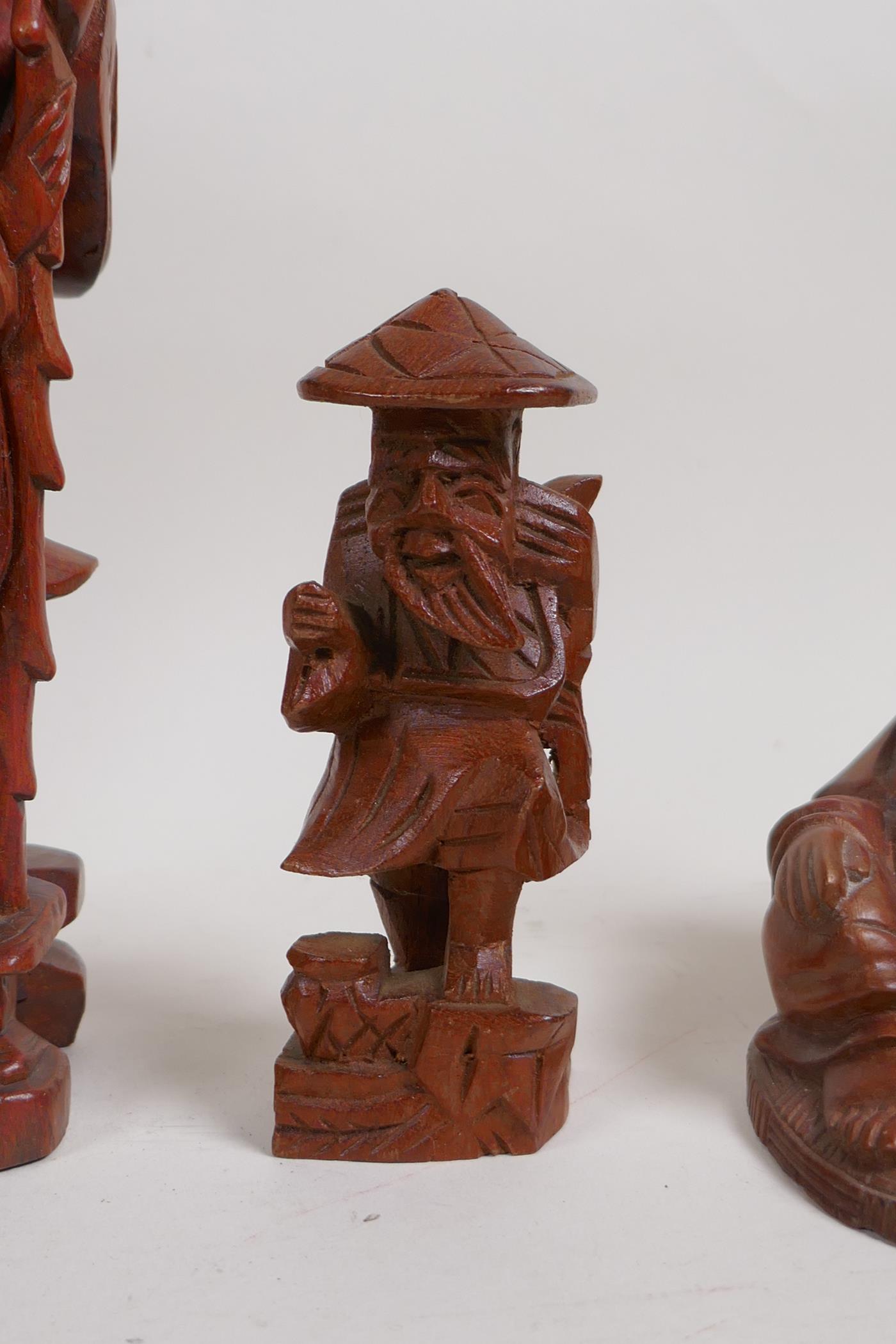 Seven Chinese carved hardwood figures, with depictions of Shao Lao and Buddha, largest 9½" high, AF - Image 7 of 8