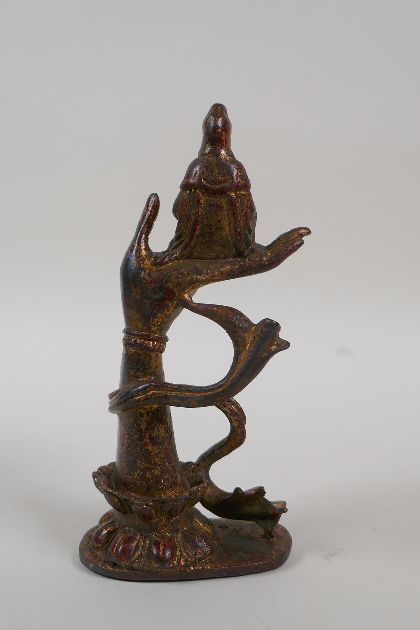A Chinese gilt bronze figure of Quan Yin, seated on a hand, impressed 4 character mark to base, - Image 2 of 3