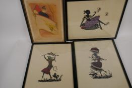Three silhouette drawings of stylish ladies, 9" x 11½", and a French engraving, figure in a