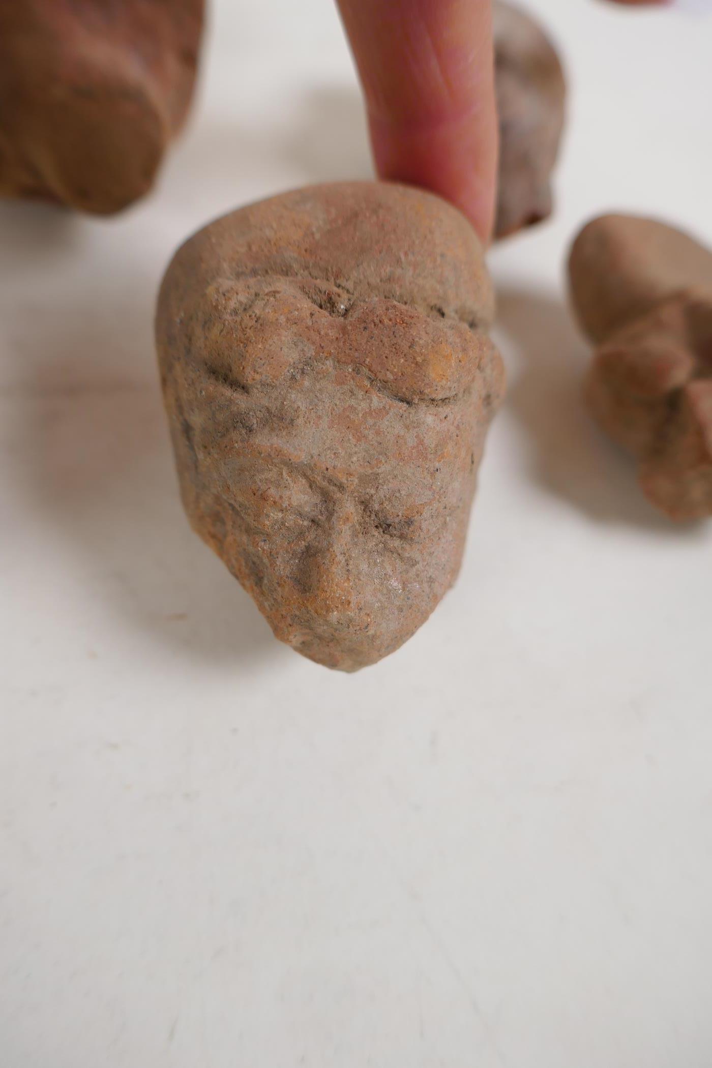 Five early Indian terracotta head busts, largest 4" - Image 5 of 6