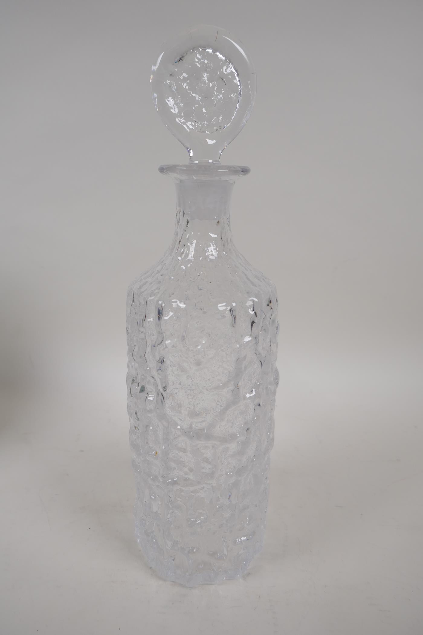 A Whitefriars bark finish clear glass decanter and stopper, 13" high - Image 2 of 2