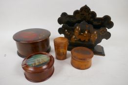 A quantity of treen items and a Japanned letter rack, trinket boxes etc, letter rack 8" wide