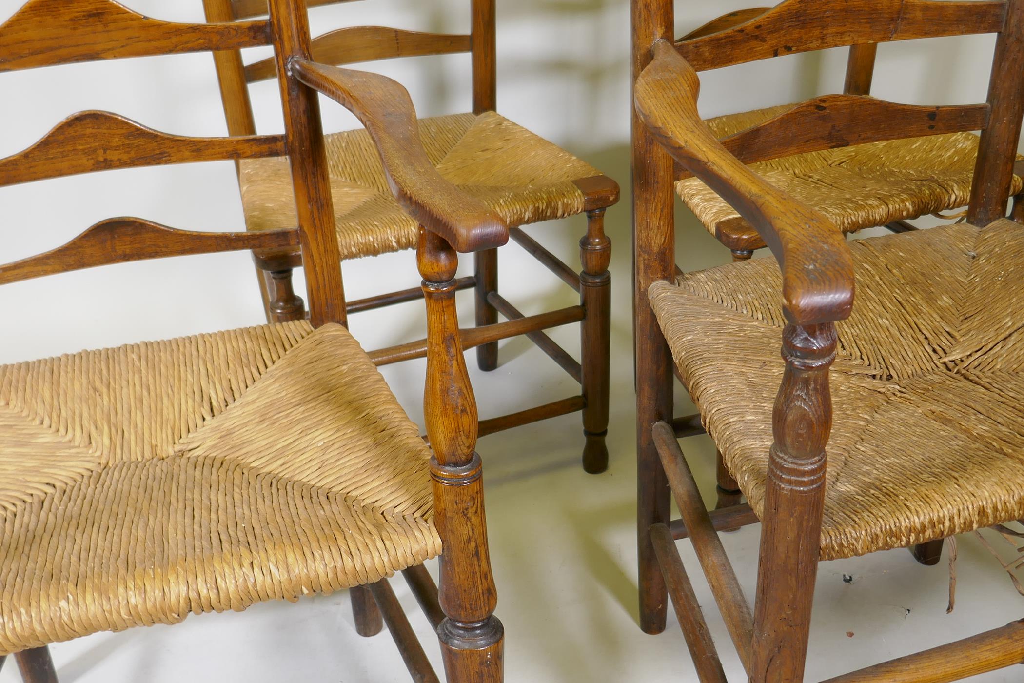 A set of six (4+2) ash ladderback chairs with rush seats, late C18th/early C19th - Image 4 of 4
