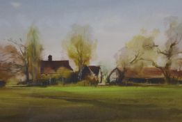 John Scarland, farm buildings across a field, watercolour, 19" x 10"