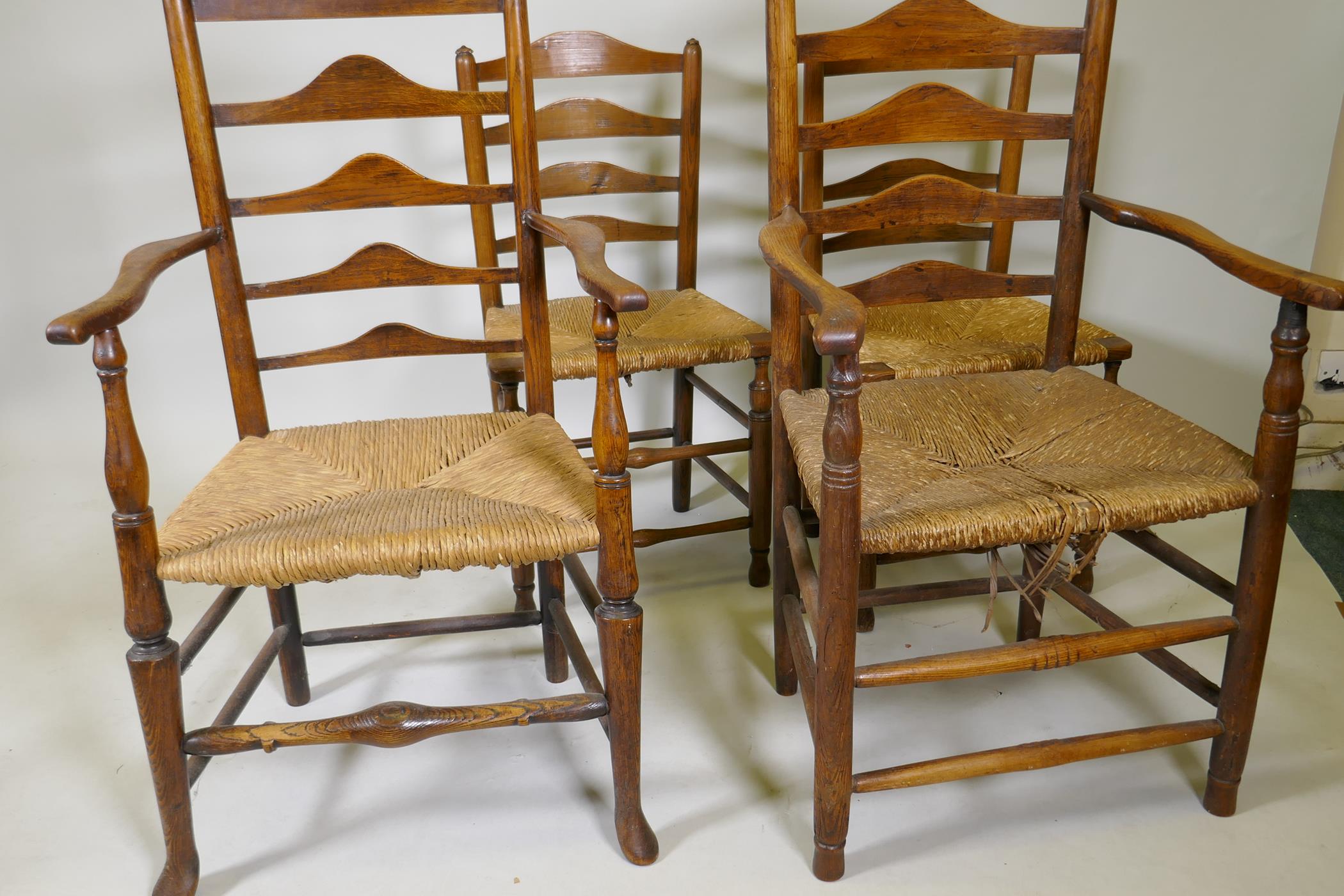 A set of six (4+2) ash ladderback chairs with rush seats, late C18th/early C19th - Image 3 of 4