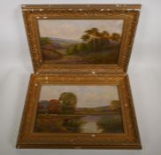 A.J. Howe, 1922, a pair of rural landscapes with sheep, oils on canvas, 16" x 10"