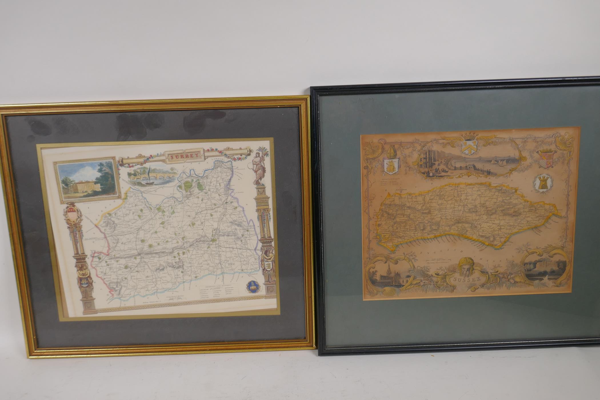 An antique map of Sussex with vignettes of Chichester Cathedral, Arundel Castle and the Chain