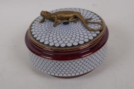 A porcelain serving bowl with bronze lizard handle to cover, 6" diameter