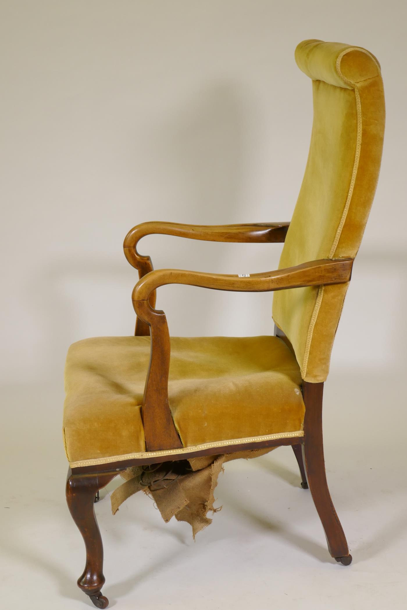 A Victorian open arm walnut armchair, with high back and scroll arms, raised on cabriole supports - Image 3 of 4