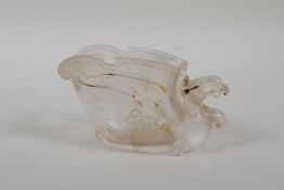 A Chinese moulded glass libation cup in the form of a phoenix, 4½" long