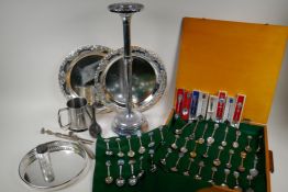 A quantity of silver plated items including collectors' spoons, trays, tankards etc