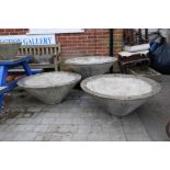 Three mid century conical concrete garden planters with bark effect exterior, 35" diameter