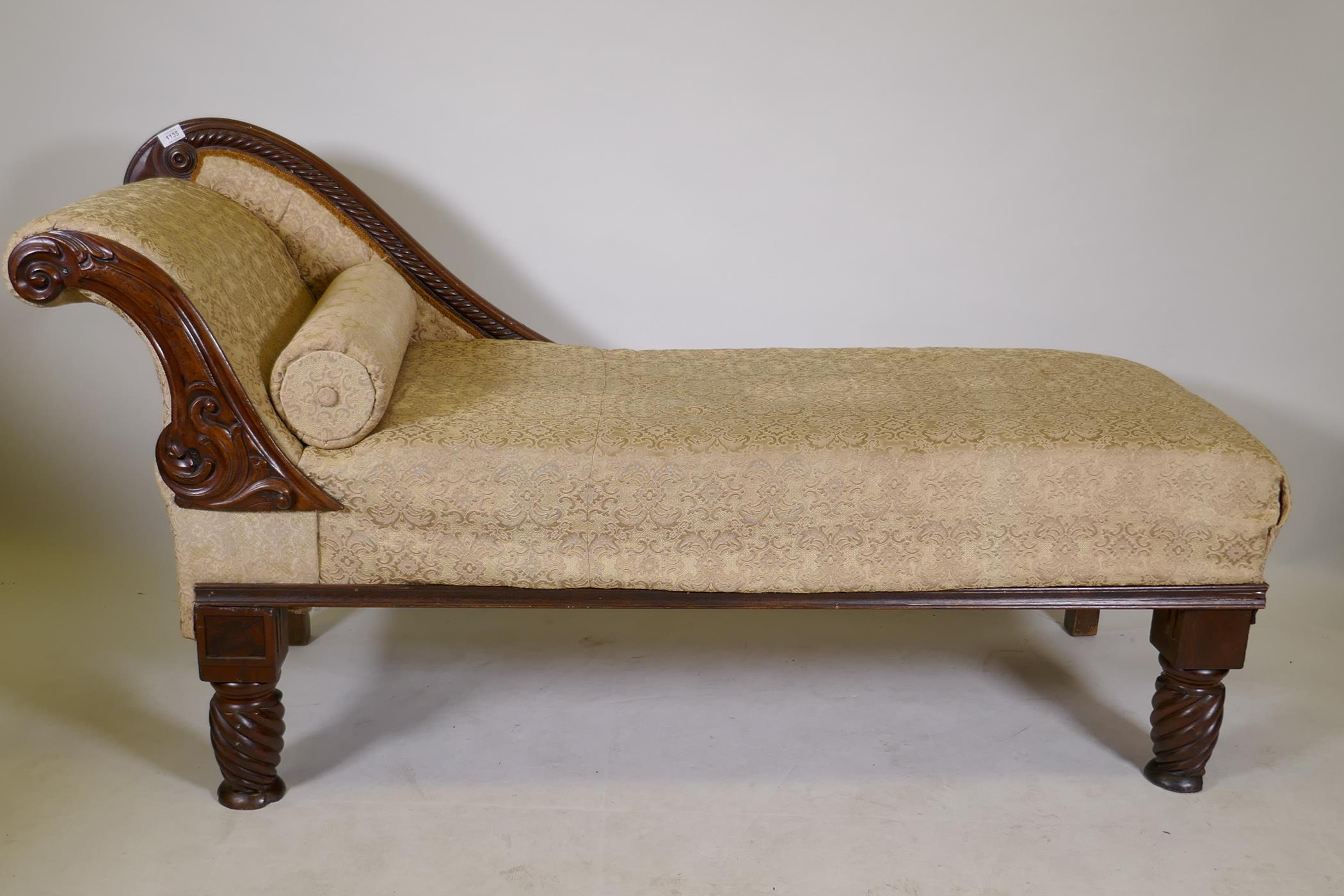 A Victorian chaise longue with scroll end and carved show wood, Adapted, 68" long - Image 3 of 4