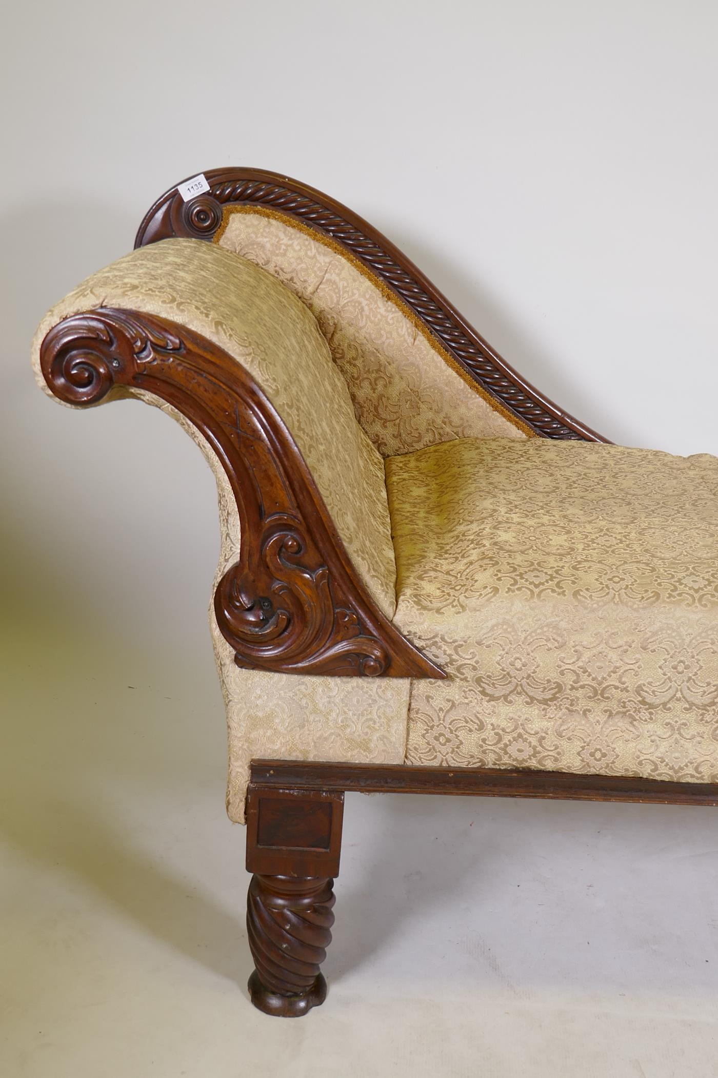 A Victorian chaise longue with scroll end and carved show wood, Adapted, 68" long - Image 2 of 4