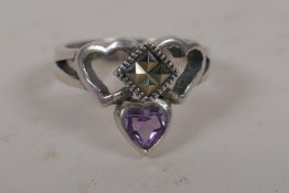 A silver triple heart dress ring, size L