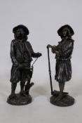 After E. Blavier, a pair of bronze figures of a farm worker with a scythe and another with a harrow,