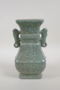A Chinese celadon Ge-ware vase with two handles, raised seal mark to base, 9" high