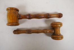 A carved wood auctioneer's gavel and another, largest 7½"