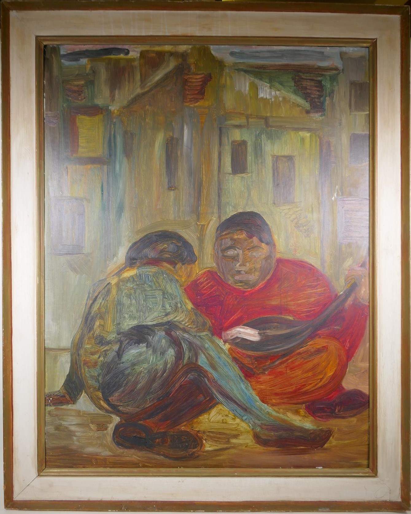 Two figures in a city scape, contemporary oil on board, 28" x 36" - Image 3 of 4