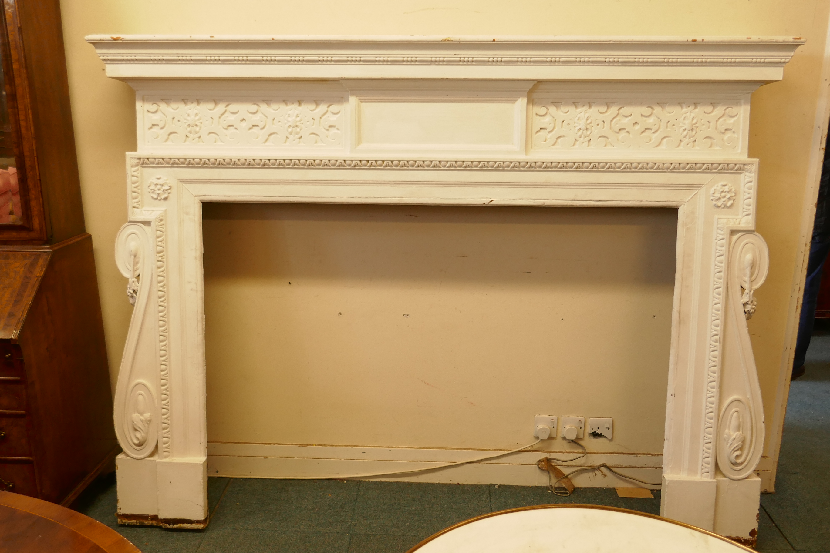 Architectural salvage, a large painted pine fire surround, with carved decoration, late C19th/ - Image 2 of 8