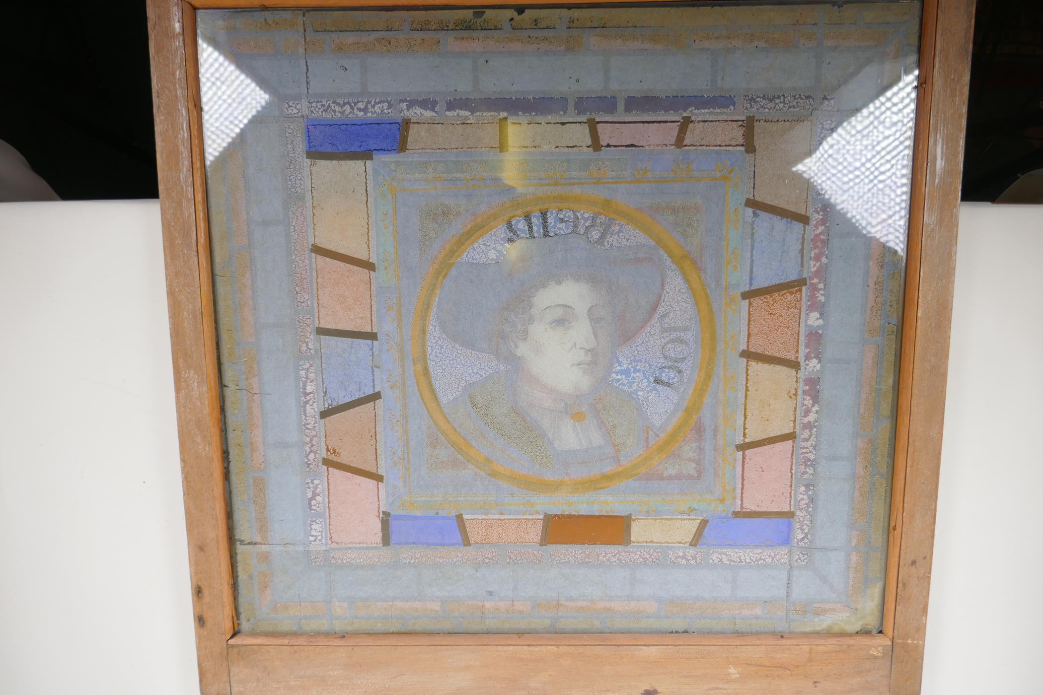 A a stained lass effect panel with a portrait of gentleman inscribed holbein, 20" x 19" - Image 4 of 4