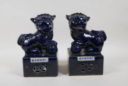 A pair of Chinese power blue glazed porcelain temple lions, Xuande 6 character mark to side, 8½"