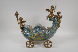 A continental porcelain and ormolu cherub mounted carriage decorated with parrots and orchids,