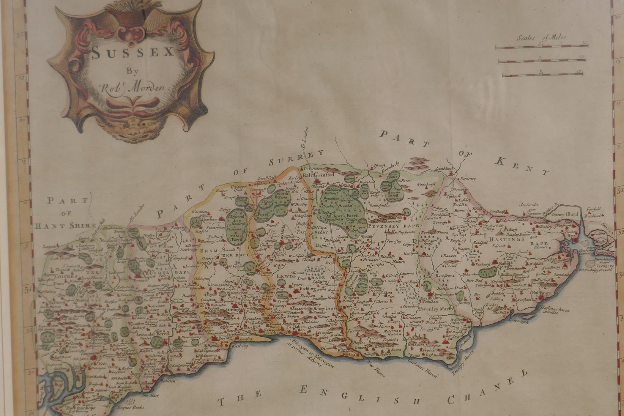 An antique Robert Morden map of Sussex, with hand coloured highlights, 16½" x 14" - Image 2 of 4