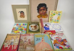 A collection of children's books and annuals, and two woven pictures of children