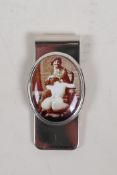 A sterling silver document / money clip set with an erotic pictorial cold enamel plaque, 2" long