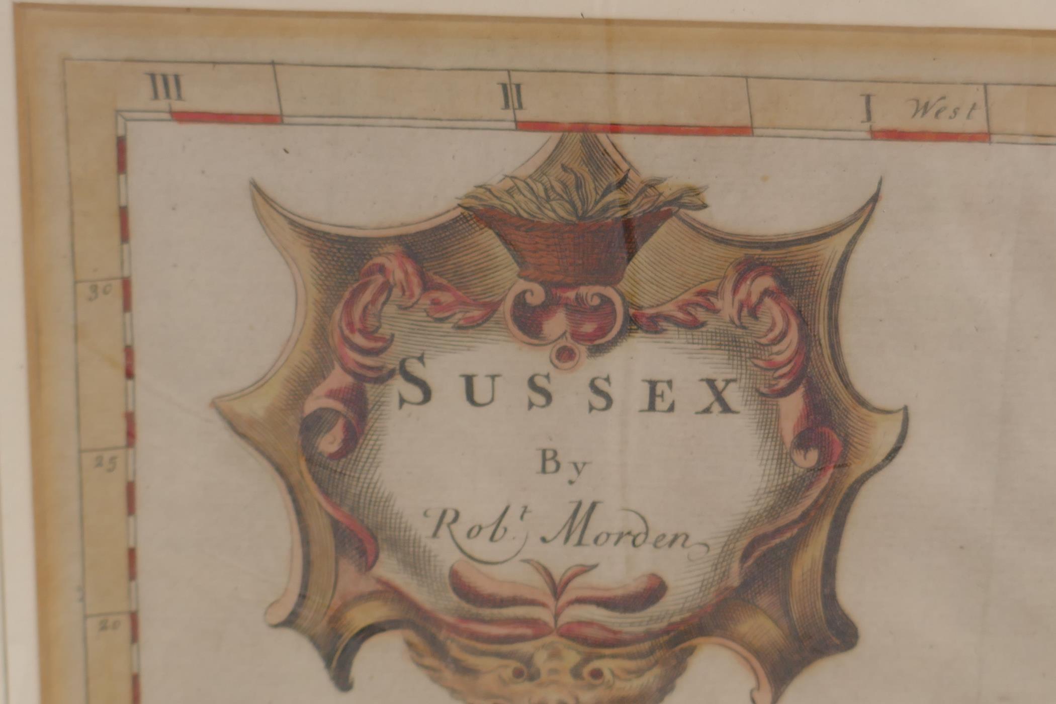 An antique Robert Morden map of Sussex, with hand coloured highlights, 16½" x 14" - Image 3 of 4