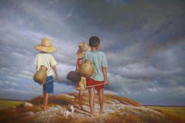 Three boys in a landscape with fishing equipment, signed Forsythe ?, oil on canvas, 43" x 31½"