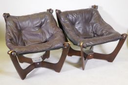 A pair of mid C20th leather and ply 'Luna' lounge chairs by Odd Knutsen, AF