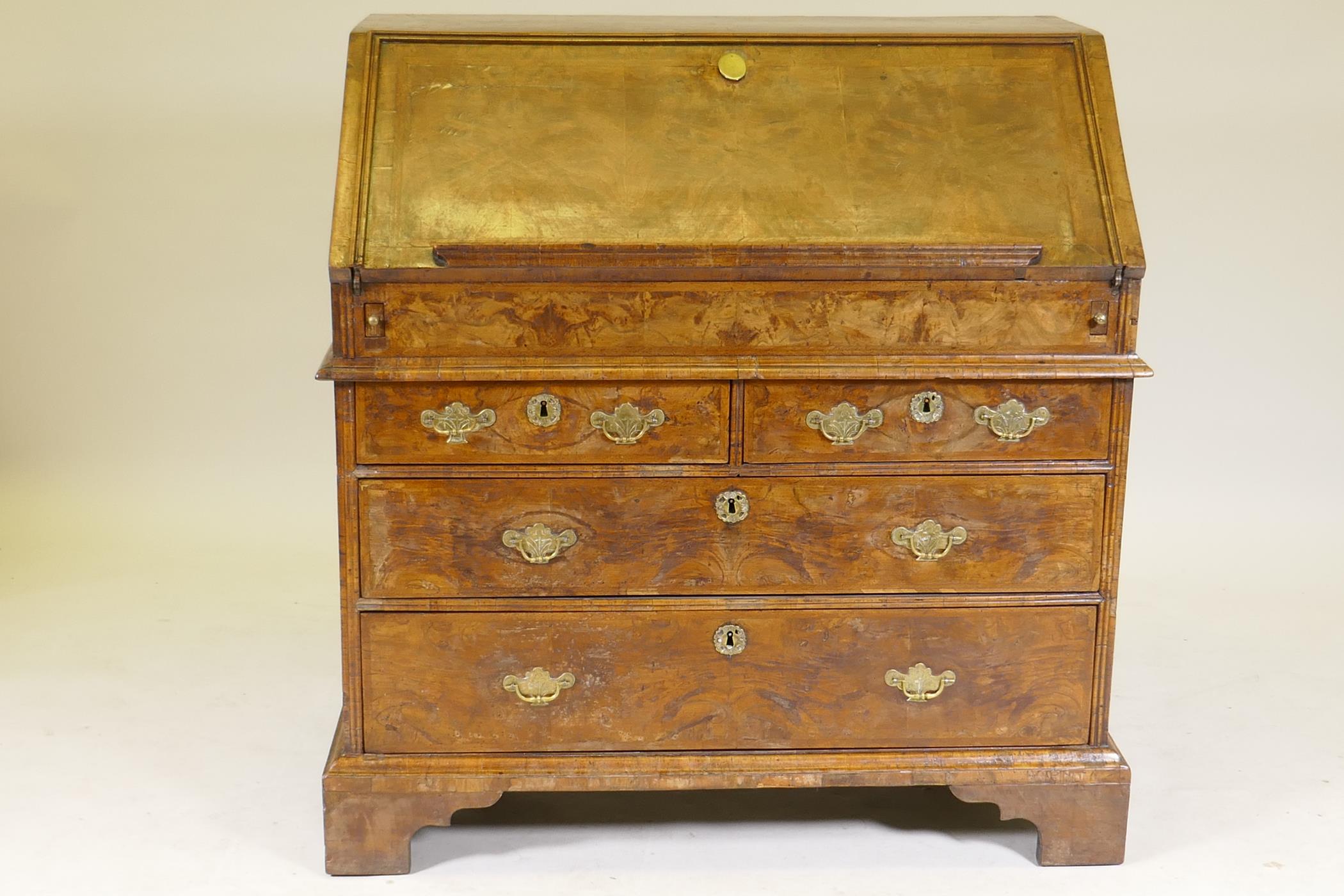 An C18th feather banded and figured walnut fall front bureau, the stepped interior with concave - Image 2 of 10