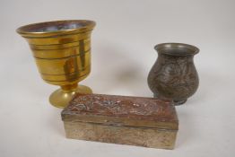 A heavy antique bronze pedestal mortar, 5" high, a Bidri vase and antimony trinket box embossed with