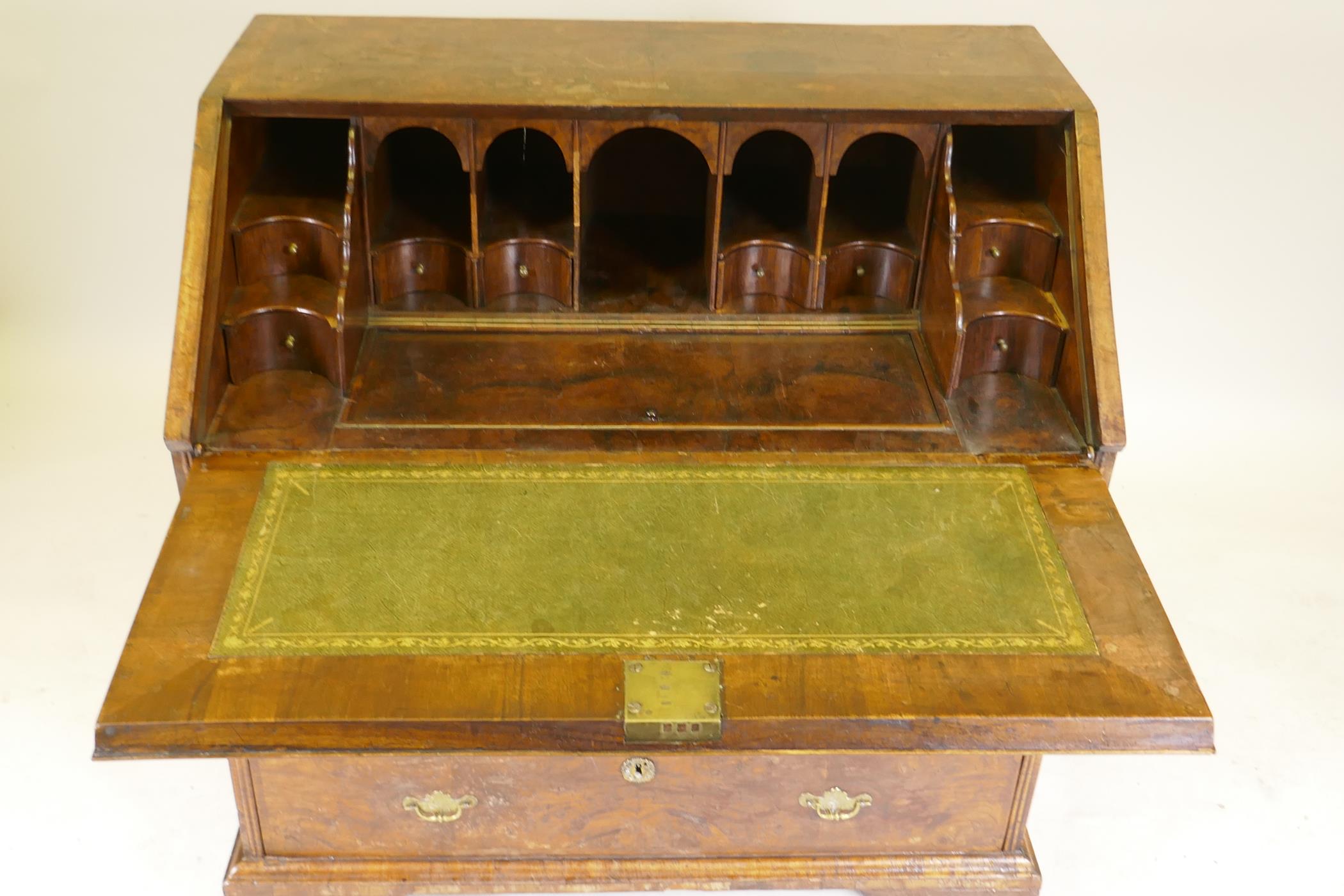 An C18th feather banded and figured walnut fall front bureau, the stepped interior with concave - Image 3 of 10