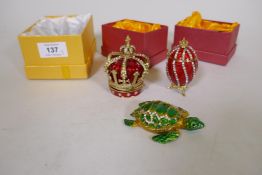 Three decorative metal trinket boxes in the form of a crown, a turtle and egg, 3" high